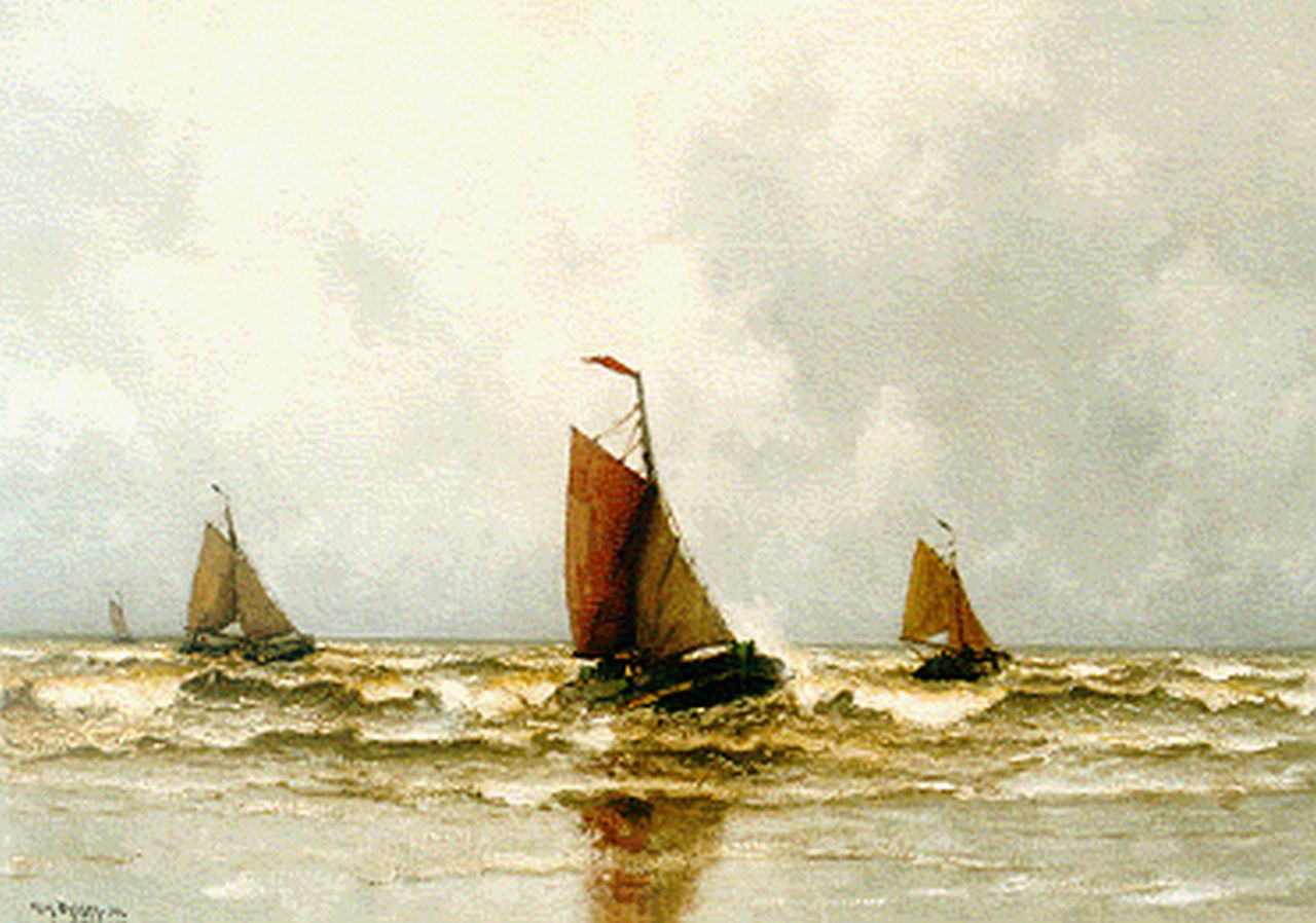 Dekker H.N.  | Henricus Nicolaas 'Henk' Dekker, Platbodems in de branding, olieverf op doek 50,0 x 70,0 cm, gesigneerd linksonder en gedateerd '34