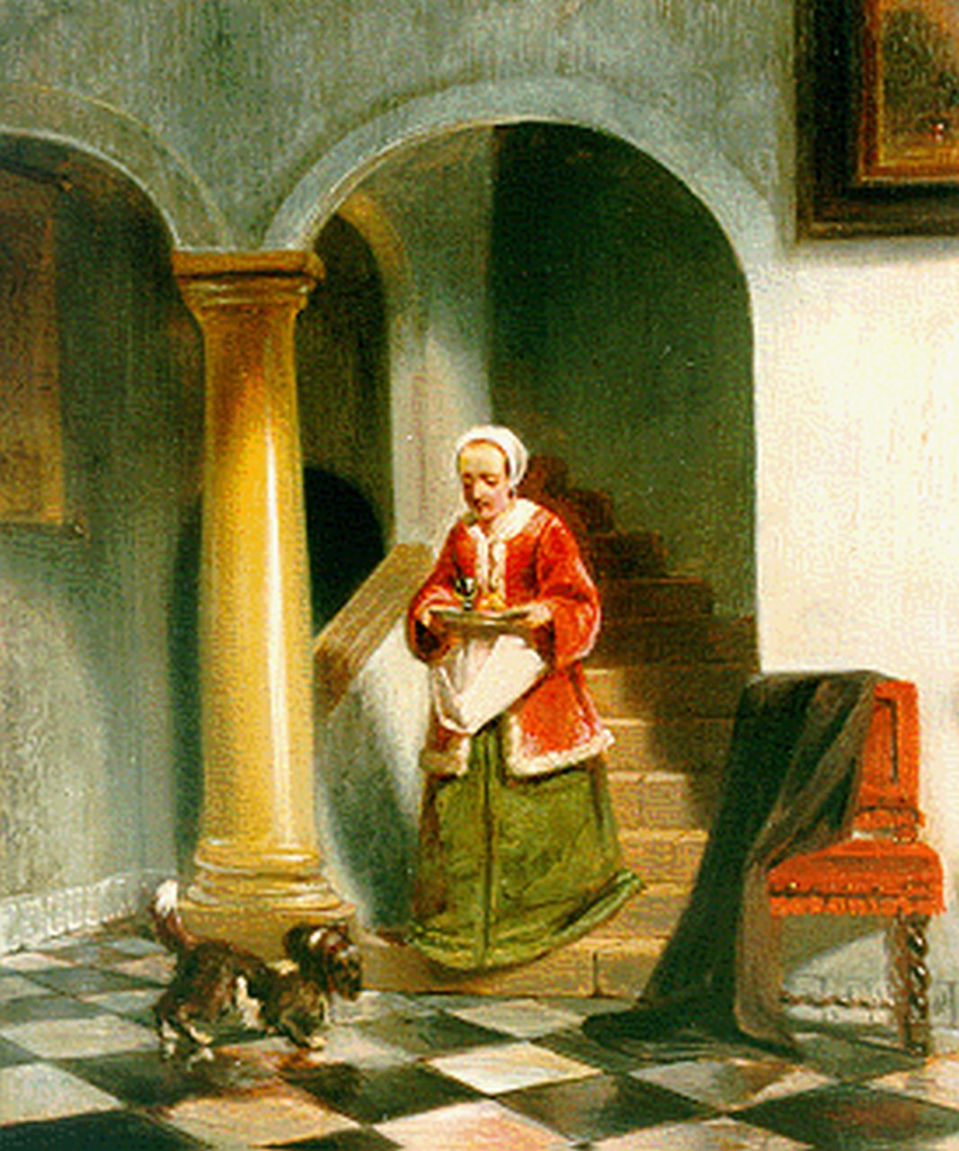 Stroebel J.A.B. | Johannes Anthonie Balthasar Stroebel, Vrouw in een 17e-eeuws interieur (toegeschr.), olieverf op paneel 24,6 x 21,7 cm Stroebel J.A.B. | Johannes Anthonie Balthasar Stroebel, Vrouw in een 17e-eeuws interieur (toegeschr.), olieverf op paneel 24,6 x 21,7 cm