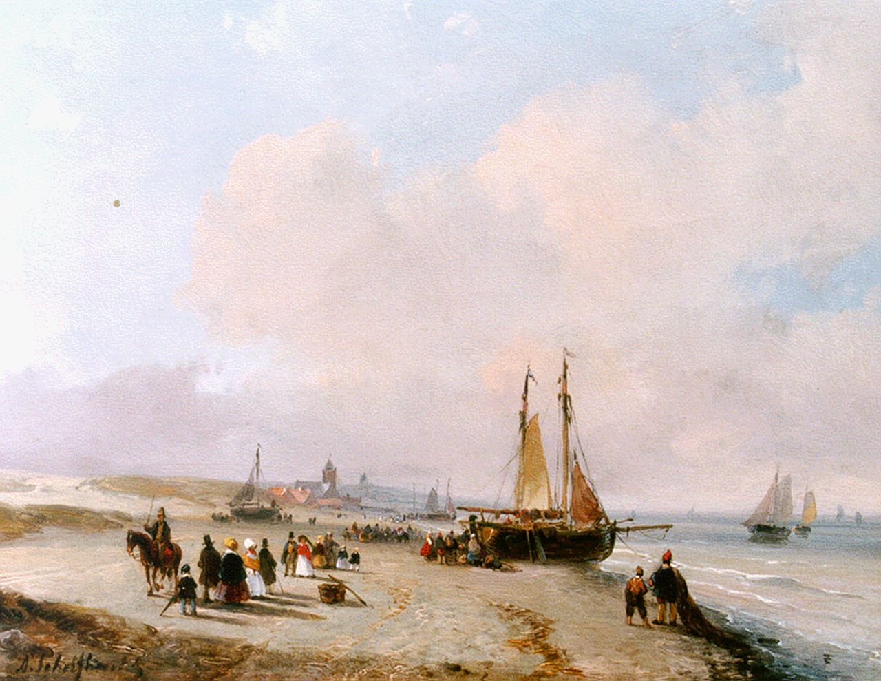 Schelfhout A. | Andreas Schelfhout, Elegant gezelschap en vissers op Scheveningse strand, olieverf op paneel 18,4 x 23,0 cm, gesigneerd linksonder en te dateren ca. 1855 Schelfhout A. | Andreas Schelfhout, Elegant gezelschap en vissers op Scheveningse strand, olieverf op paneel 18,4 x 23,0 cm, gesigneerd linksonder en te dateren ca. 1855