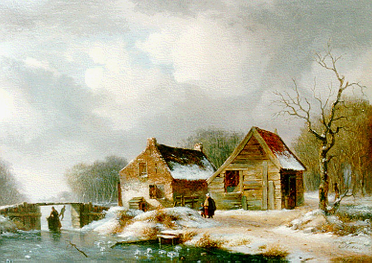Haus H.M. | Hendrik Manfried Haus, Winterlandschap met schaatsers en wandelaars bij een hoeve, olieverf op paneel 26,2 x 36,8 cm, gesigneerd rechtsonder dubbel Haus H.M. | Hendrik Manfried Haus, Winterlandschap met schaatsers en wandelaars bij een hoeve, olieverf op paneel 26,2 x 36,8 cm, gesigneerd rechtsonder dubbel