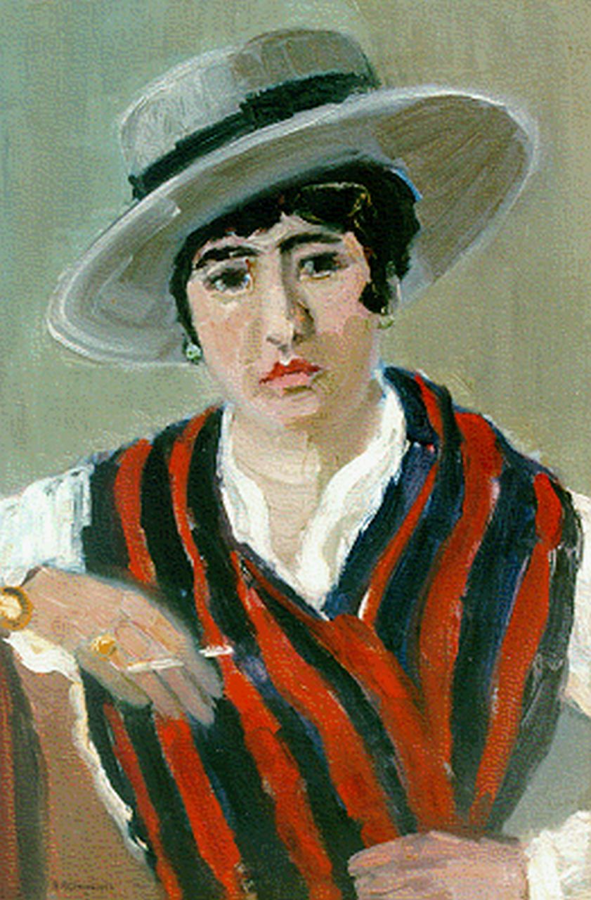 Groeneveld B.  | Berend Groeneveld, Dame met grijze hoed en sigaret, olieverf op doek 60,0 x 40,3 cm, gesigneerd linksonder