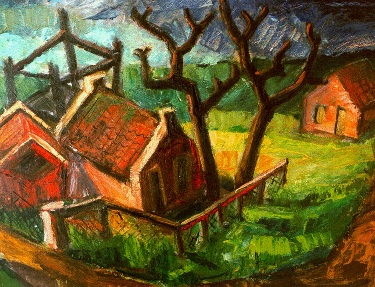Brolsma J.H.  | Johannes Hessel Brolsma, Huizen achter de dijk, 47,9 x 61,8 cm