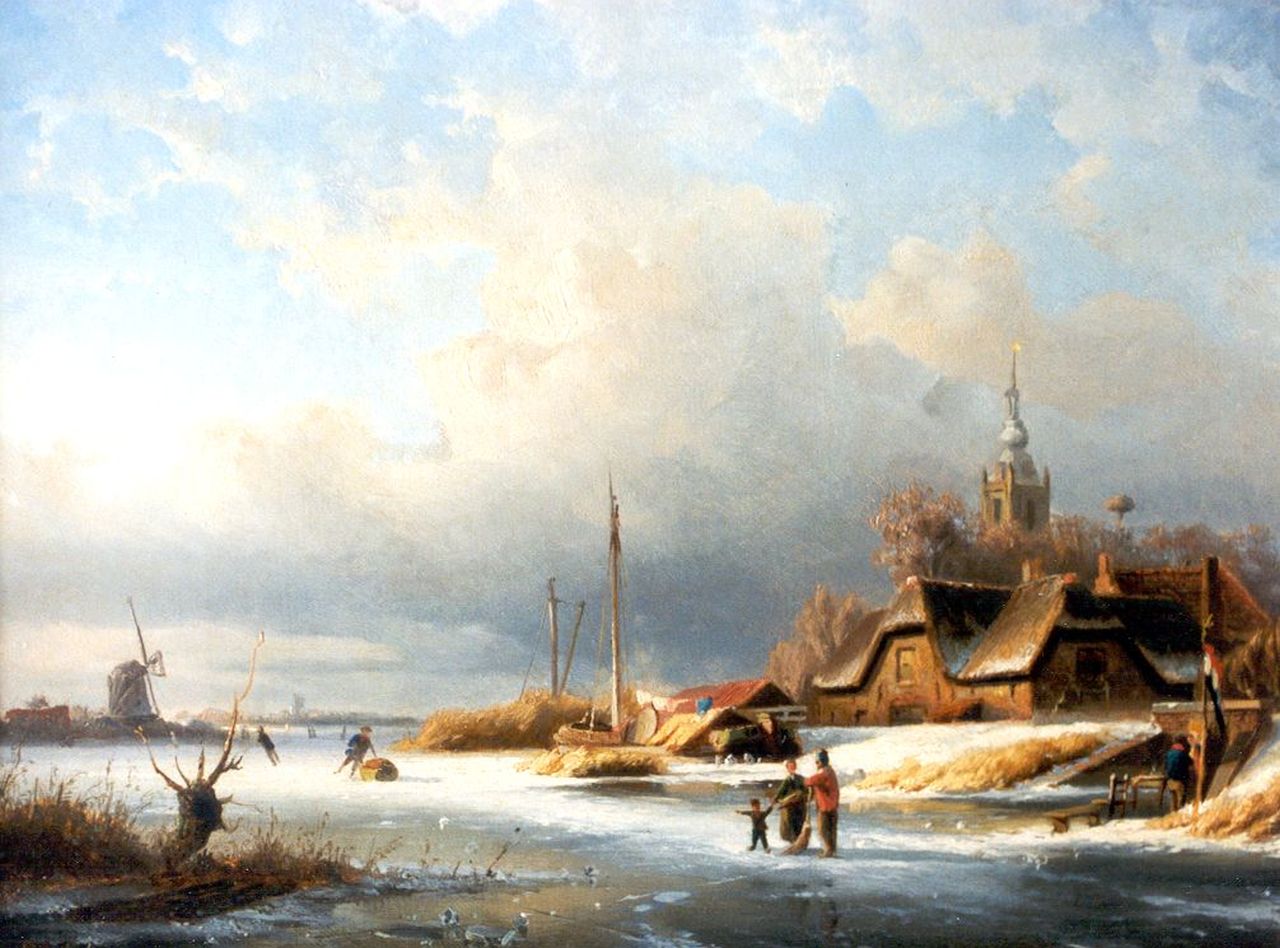 Schipperus P.A. | Pieter Adrianus 'Piet' Schipperus, Hollands winterlandschap met schaatsers Overschie, olieverf op paneel 30,1 x 40,0 cm, gesigneerd linksonder Schipperus P.A. | Pieter Adrianus 'Piet' Schipperus, Hollands winterlandschap met schaatsers Overschie, olieverf op paneel 30,1 x 40,0 cm, gesigneerd linksonder