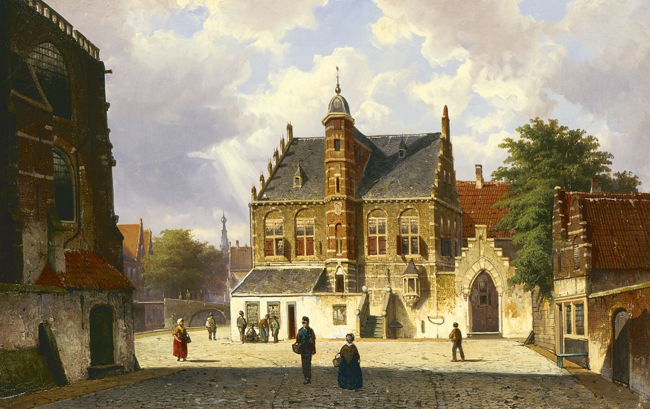 Koekkoek W. | Willem Koekkoek, Zomers stadsgezicht met figuren, olieverf op doek 45,0 x 70,9 cm, gesigneerd linksonder met initialen en gedateerd '65 Koekkoek W. | Willem Koekkoek, Zomers stadsgezicht met figuren, olieverf op doek 45,0 x 70,9 cm, gesigneerd linksonder met initialen en gedateerd '65