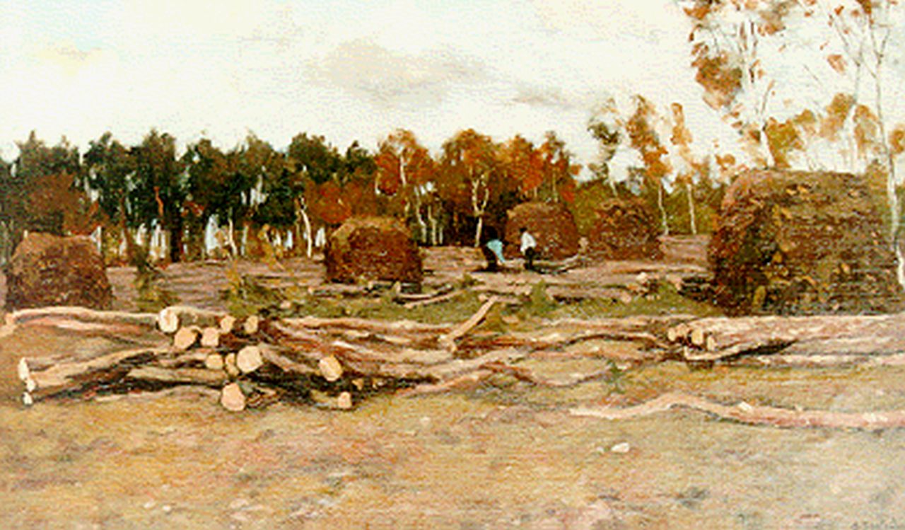 Bastert S.N. | Syvert 'Nicolaas' Bastert, Houthakkers in het bos, olieverf op doek op paneel 35,5 x 58,0 cm, gesigneerd rechtsonder Bastert S.N. | Syvert 'Nicolaas' Bastert, Houthakkers in het bos, olieverf op doek op paneel 35,5 x 58,0 cm, gesigneerd rechtsonder