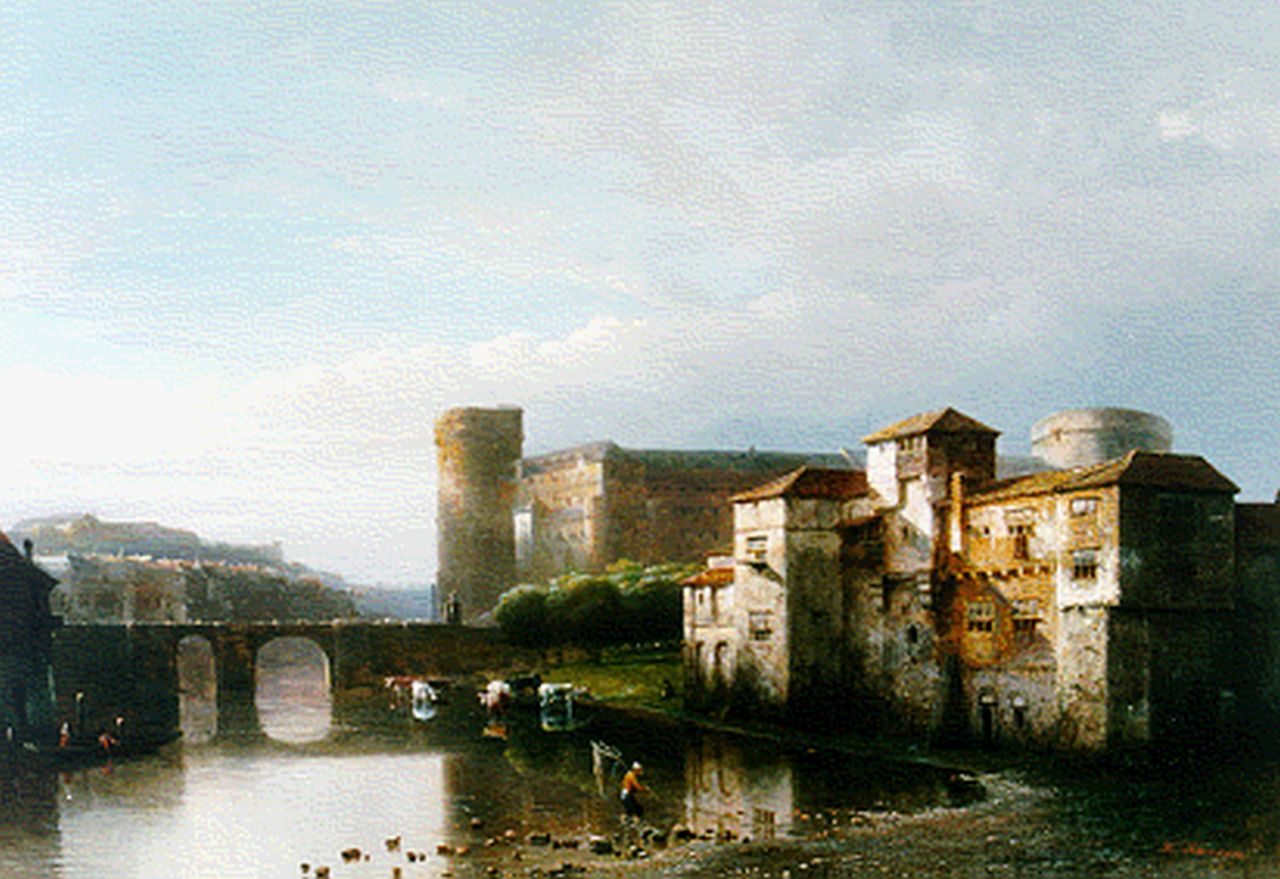 Karsen K. | Kasparus Karsen, Stad met kasteel aan de rivier, olieverf op paneel 37,5 x 53,7 cm, gesigneerd rechtsonder Karsen K. | Kasparus Karsen, Stad met kasteel aan de rivier, olieverf op paneel 37,5 x 53,7 cm, gesigneerd rechtsonder