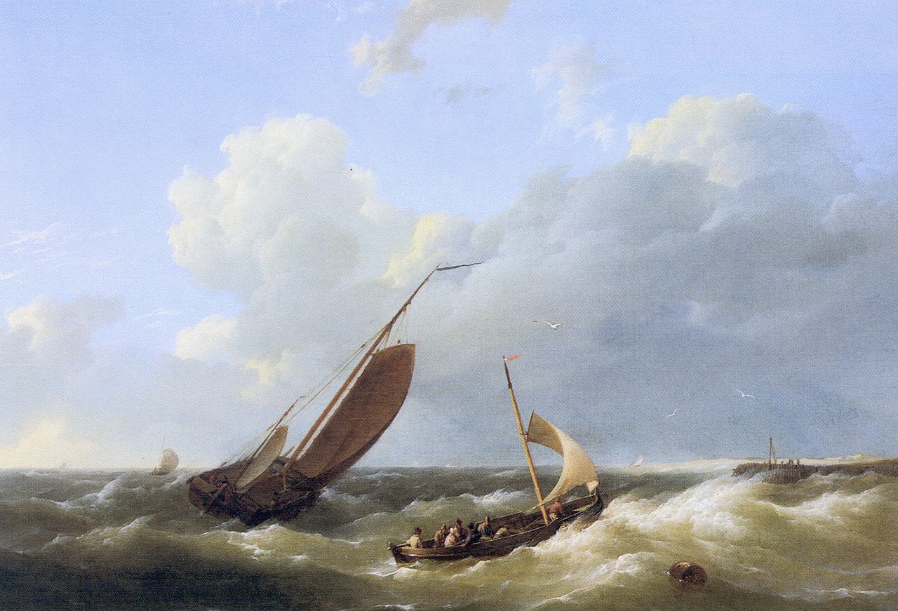 Koekkoek H. | Hermanus Koekkoek, Zeilschepen op woelige zee voor de haven, olieverf op paneel 24,7 x 33,7 cm, gesigneerd rechtsonder Koekkoek H. | Hermanus Koekkoek, Zeilschepen op woelige zee voor de haven, olieverf op paneel 24,7 x 33,7 cm, gesigneerd rechtsonder
