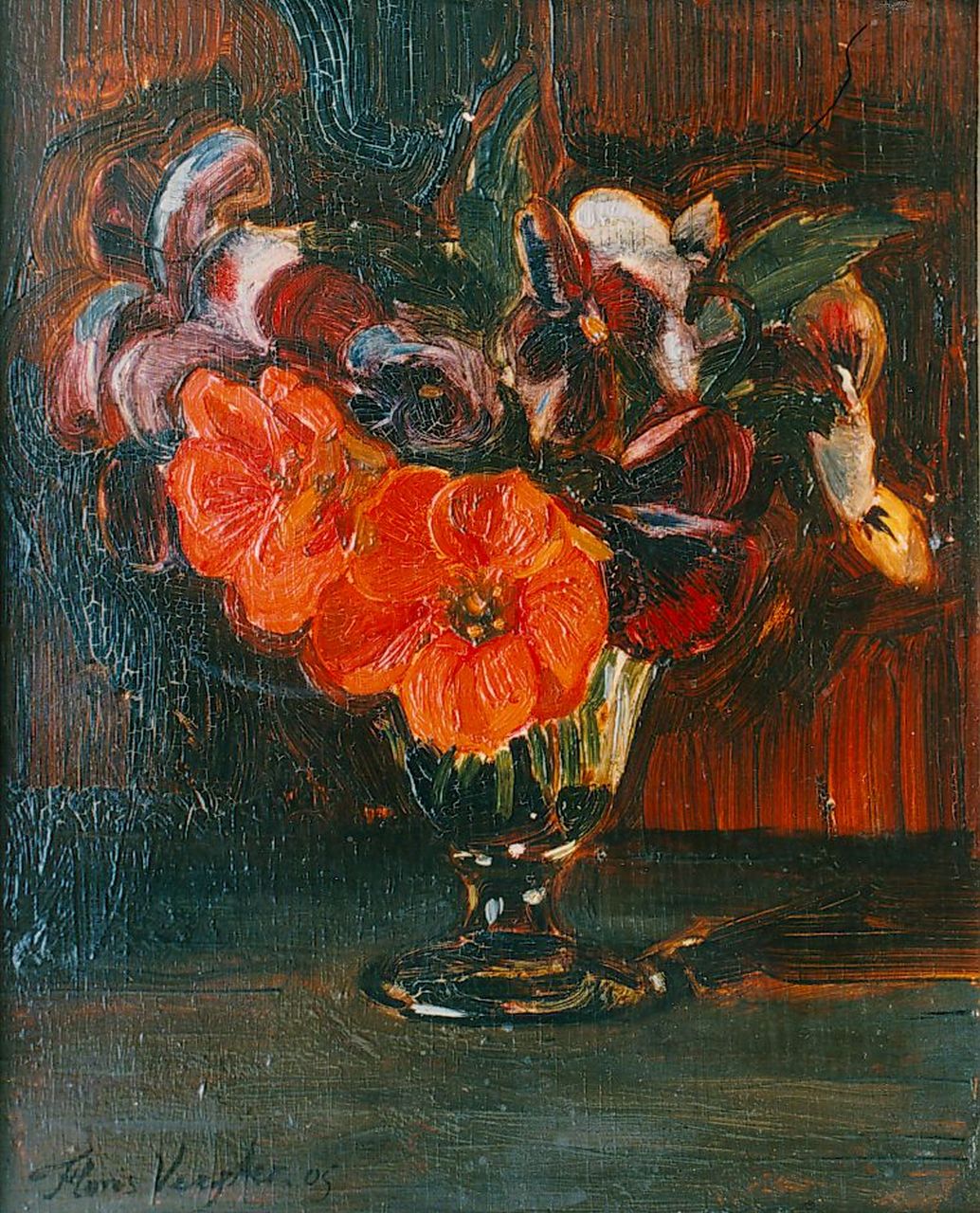 Verster van Wulverhorst (Floris Verster) F.H. | Floris Hendrik Verster van Wulverhorst (Floris Verster), Bloemen in glas, olieverf op paneel 22,0 x 18,0 cm, gesigneerd linksonder en gedateerd '05 Verster van Wulverhorst (Floris Verster) F.H. | Floris Hendrik Verster van Wulverhorst (Floris Verster), Bloemen in glas, olieverf op paneel 22,0 x 18,0 cm, gesigneerd linksonder en gedateerd '05