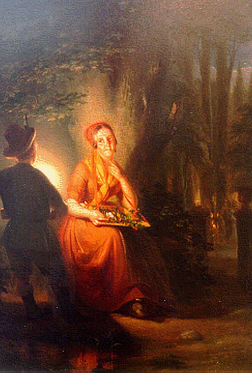 Kiers P.  | Petrus Kiers, Bloemenverkoopster bij kaarslicht, olieverf op paneel 45,1 x 36,0 cm, gesigneerd linksonder
