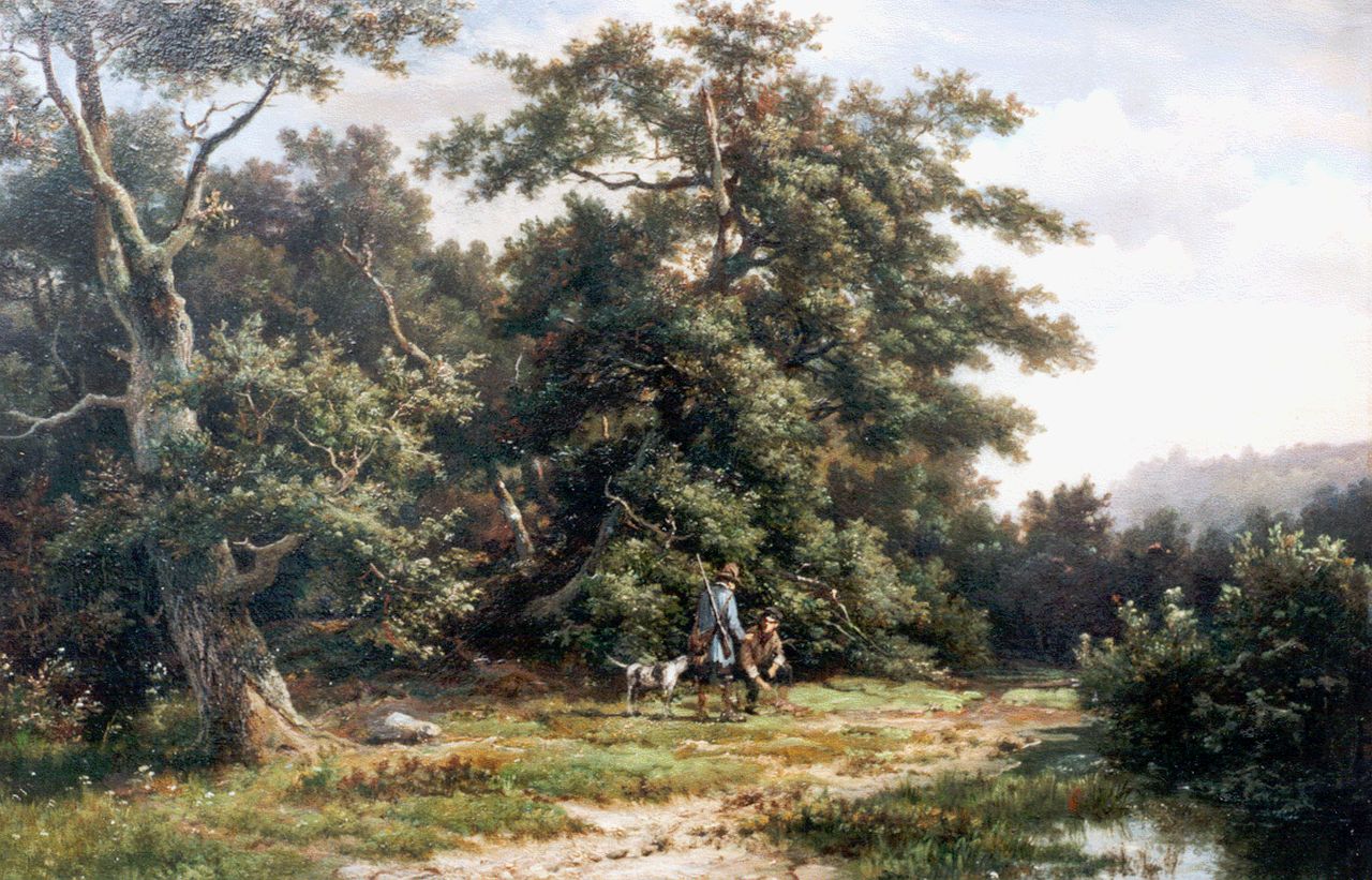 Koekkoek H. | Hermanus Koekkoek, Rustende jagers op een bospad, olieverf op paneel 28,7 x 43,8 cm, gesigneerd middenonder Koekkoek H. | Hermanus Koekkoek, Rustende jagers op een bospad, olieverf op paneel 28,7 x 43,8 cm, gesigneerd middenonder
