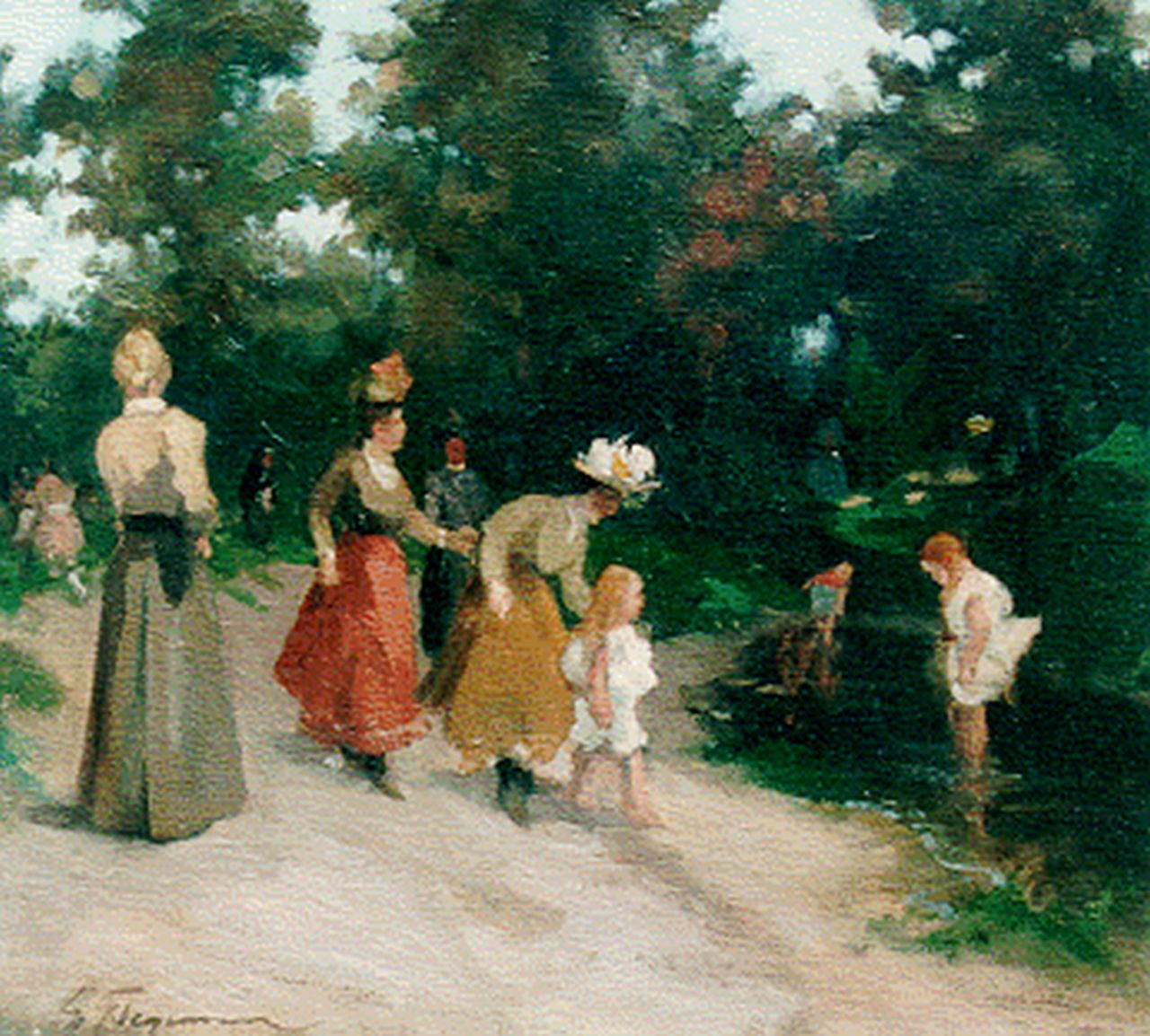Stegeman G. | Gerrit 'Gert' Stegeman, Vrouwen en kinderen bij de parkvijver, olieverf op doek 32,4 x 36,0 cm, gesigneerd linksonder Stegeman G. | Gerrit 'Gert' Stegeman, Vrouwen en kinderen bij de parkvijver, olieverf op doek 32,4 x 36,0 cm, gesigneerd linksonder