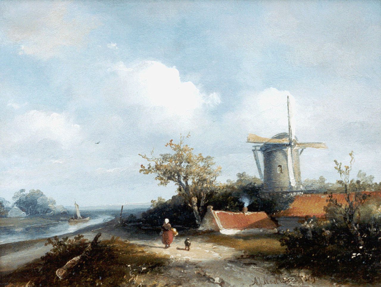 Madlener A.J.  | Antonius Josephus Madlener, Rivierlandschap met molen en figuren op zandpad, olieverf op paneel 20,6 x 26,7 cm, gesigneerd r. v/ m. en gedateerd '59