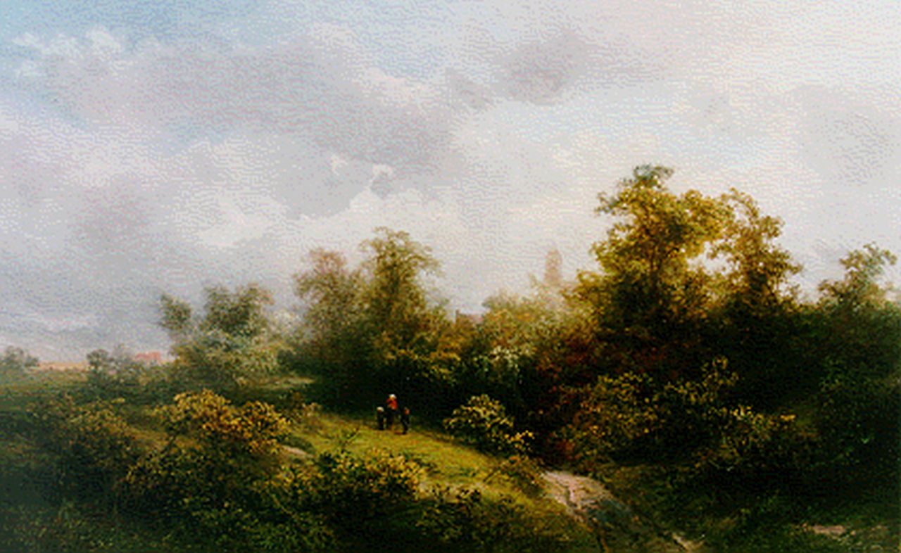 Kluyver P.L.F.  | 'Pieter' Lodewijk Francisco Kluyver, Boslandschap met figuurtjes en een dorpje in 't verschiet, olieverf op paneel 32,0 x 52,0 cm, gesigneerd linksonder