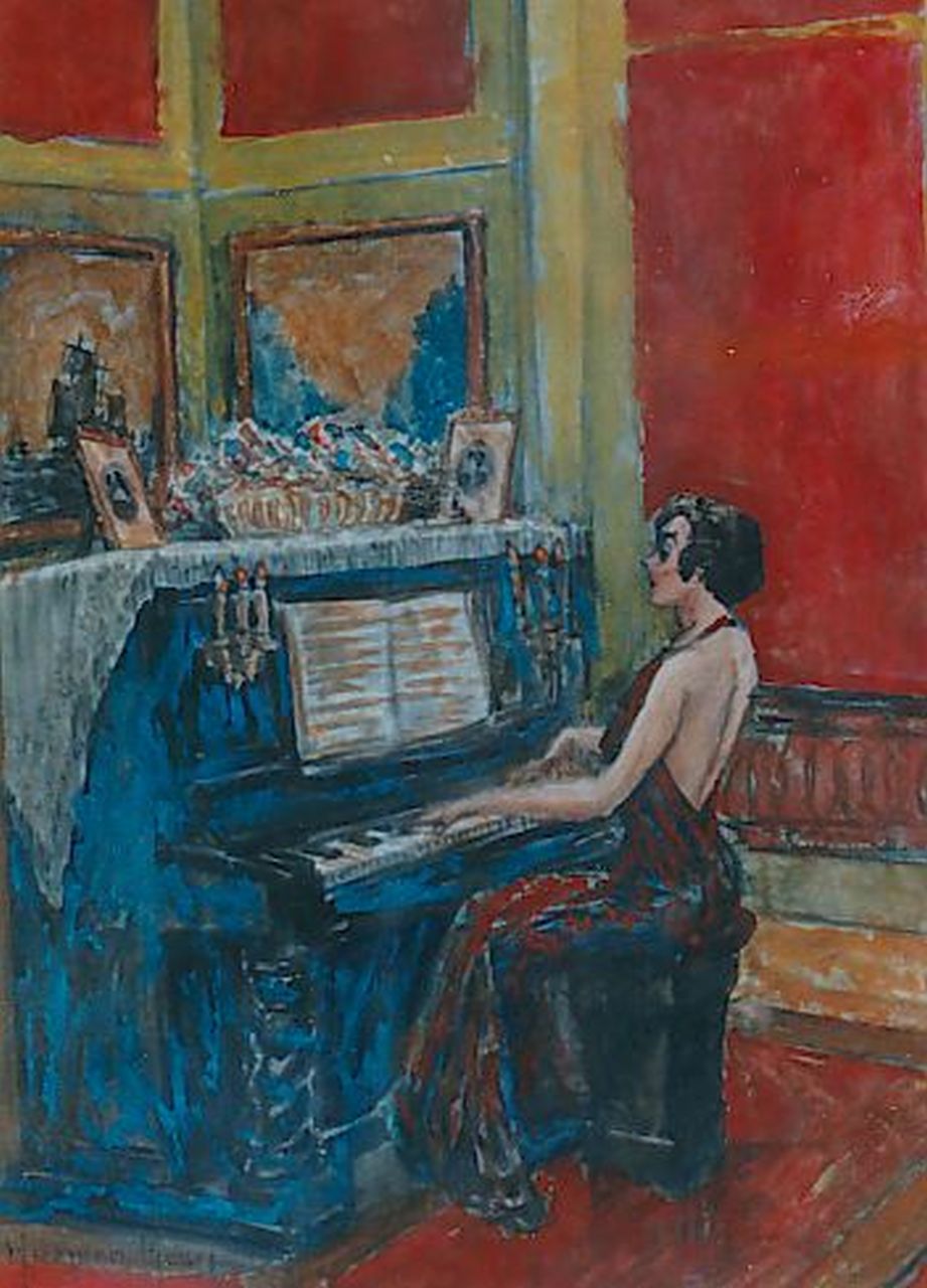Meurs H.H. | 'Harmen' Hermanus Meurs, Pianospelende vrouw in avondjurk, aquarel op papier 26,0 x 19,0 cm, gesigneerd linksonder Meurs H.H. | 'Harmen' Hermanus Meurs, Pianospelende vrouw in avondjurk, aquarel op papier 26,0 x 19,0 cm, gesigneerd linksonder