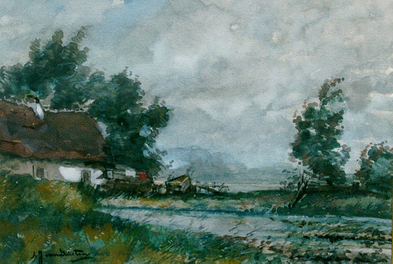 Driesten A.J. van | Arend Jan van Driesten, Boerderij aan een plas, aquarel op papier 20,5 x 29,6 cm, gesigneerd linksonder Driesten A.J. van | Arend Jan van Driesten, Boerderij aan een plas, aquarel op papier 20,5 x 29,6 cm, gesigneerd linksonder