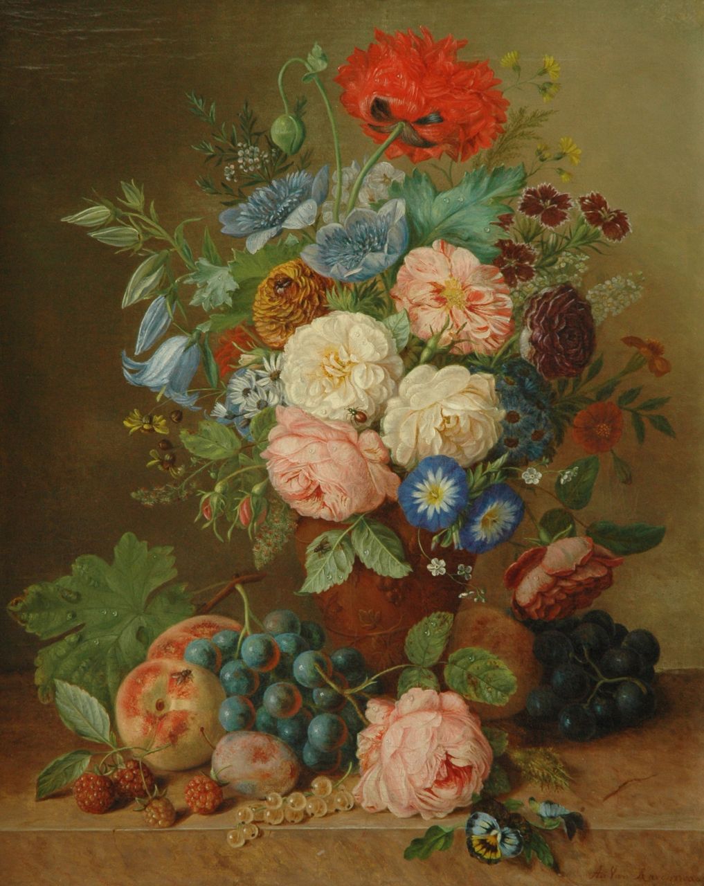 Ravenswaay A. van | Adriana van Ravenswaay, Stilleven met bloemen, vruchten en insecten, olieverf op doek 51,2 x 41,4 cm, gesigneerd rechtsonder Ravenswaay A. van | Adriana van Ravenswaay, Stilleven met bloemen, vruchten en insecten, olieverf op doek 51,2 x 41,4 cm, gesigneerd rechtsonder