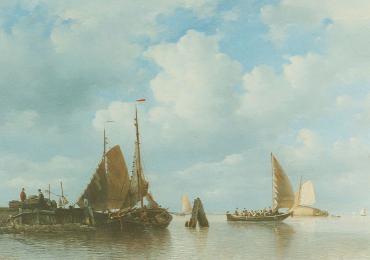 Koster E.  | Everhardus Koster, Zeilboten bij riviermond, olieverf op paneel 52,3 x 72,8 cm, gesigneerd linksonder