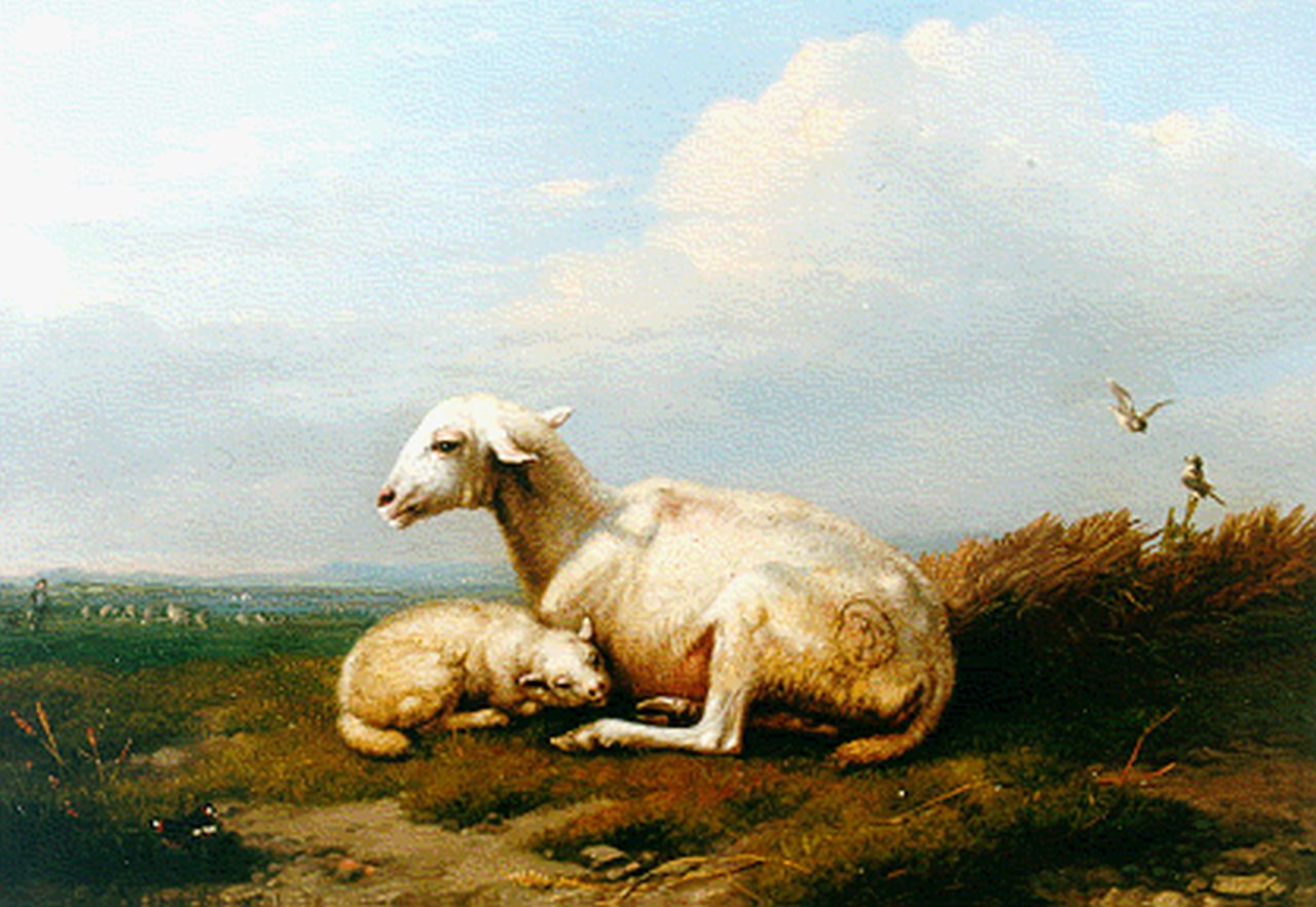 Verboeckhoven E.J. | Eugène Joseph Verboeckhoven, Schaap met lam en vlindertje in pastoraal landschap, olieverf op paneel 12,1 x 15,2 cm, gesigneerd linksonder en gedateerd 1845 Verboeckhoven E.J. | Eugène Joseph Verboeckhoven, Schaap met lam en vlindertje in pastoraal landschap, olieverf op paneel 12,1 x 15,2 cm, gesigneerd linksonder en gedateerd 1845