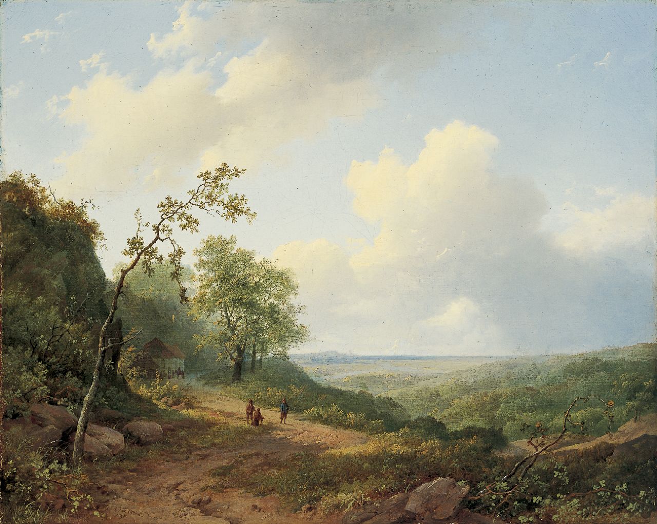 Koekkoek I M.A. | Marinus Adrianus Koekkoek I, Heuvelachtig zomerlandschap met enkele wandelaars, olieverf op doek 41,5 x 51,7 cm, gesigneerd linksonder en gedateerd 1848 Koekkoek I M.A. | Marinus Adrianus Koekkoek I, Heuvelachtig zomerlandschap met enkele wandelaars, olieverf op doek 41,5 x 51,7 cm, gesigneerd linksonder en gedateerd 1848