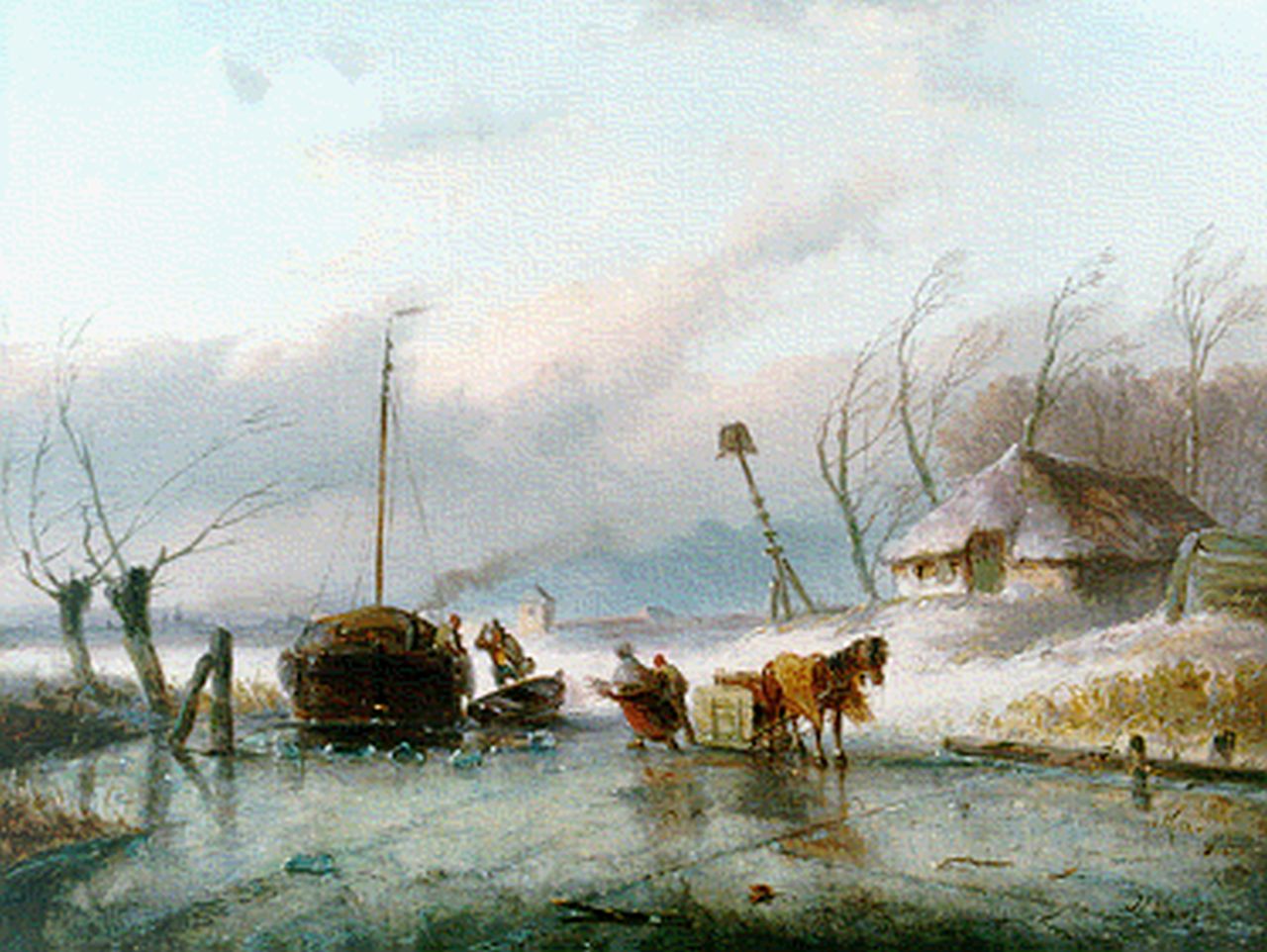 Morel II J.E. | Jan Evert Morel II, Bevroren vaart, olieverf op paneel 22,8 x 30,2 cm, gesigneerd rechtsonder Morel II J.E. | Jan Evert Morel II, Bevroren vaart, olieverf op paneel 22,8 x 30,2 cm, gesigneerd rechtsonder
