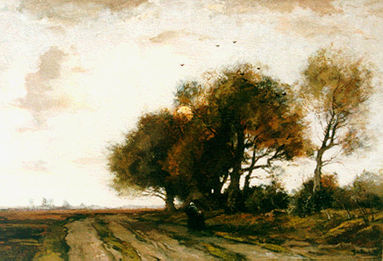 Bock T.E.A. de | Théophile Emile Achille de Bock, Figuren op een landweg, olieverf op doek 51,5 x 75,5 cm, gesigneerd rechtsonder Bock T.E.A. de | Théophile Emile Achille de Bock, Figuren op een landweg, olieverf op doek 51,5 x 75,5 cm, gesigneerd rechtsonder