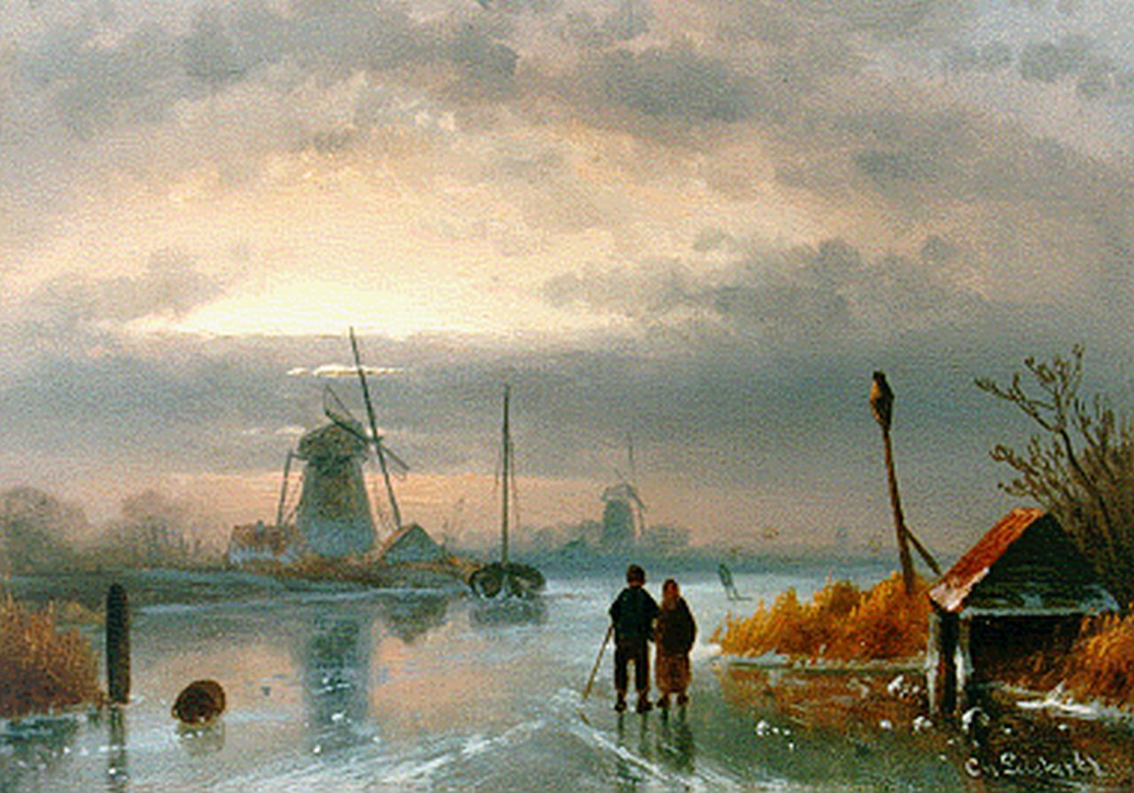 Leickert C.H.J.  | 'Charles' Henri Joseph Leickert, IJsgezicht bij avondschemering, olieverf op paneel 14,2 x 20,0 cm, gesigneerd rechtsonder