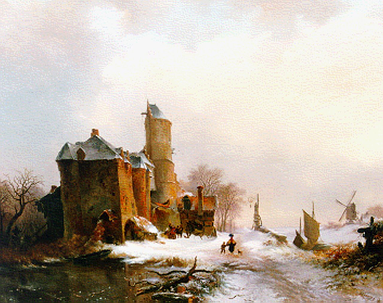 Kruseman F.M.  | Frederik Marinus Kruseman, Kasteel langs bevroren vaart, olieverf op doek 80,0 x 99,0 cm, gesigneerd rechtsonder en gedateerd '42
