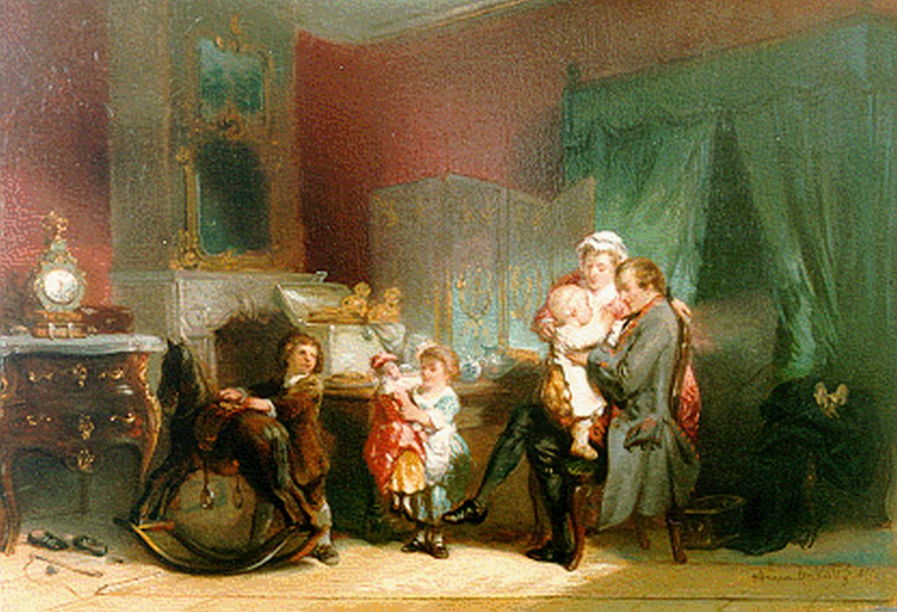 Kate H.F.C. ten | 'Herman' Frederik Carel ten Kate, De thuiskomst van vader, olieverf op paneel 24,5 x 34,1 cm, gesigneerd rechtsonder en gedateerd 1855