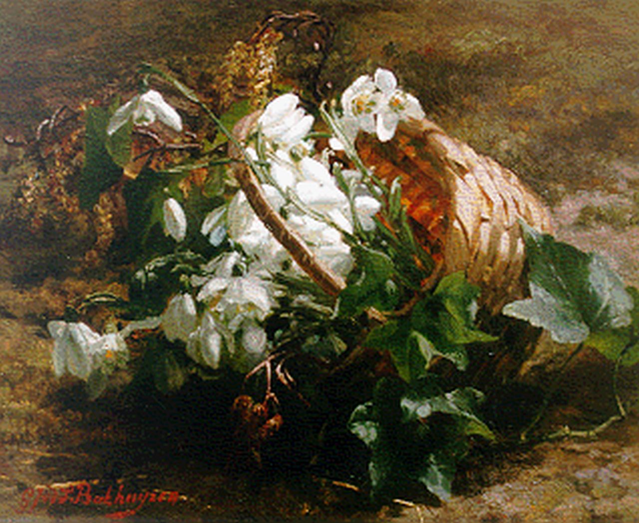 Sande Bakhuyzen G.J. van de | 'Gerardine' Jacoba van de Sande Bakhuyzen, Omgevallen mandje met sneeuwklokjes, olieverf op paneel 24,5 x 31,0 cm, gesigneerd linksonder