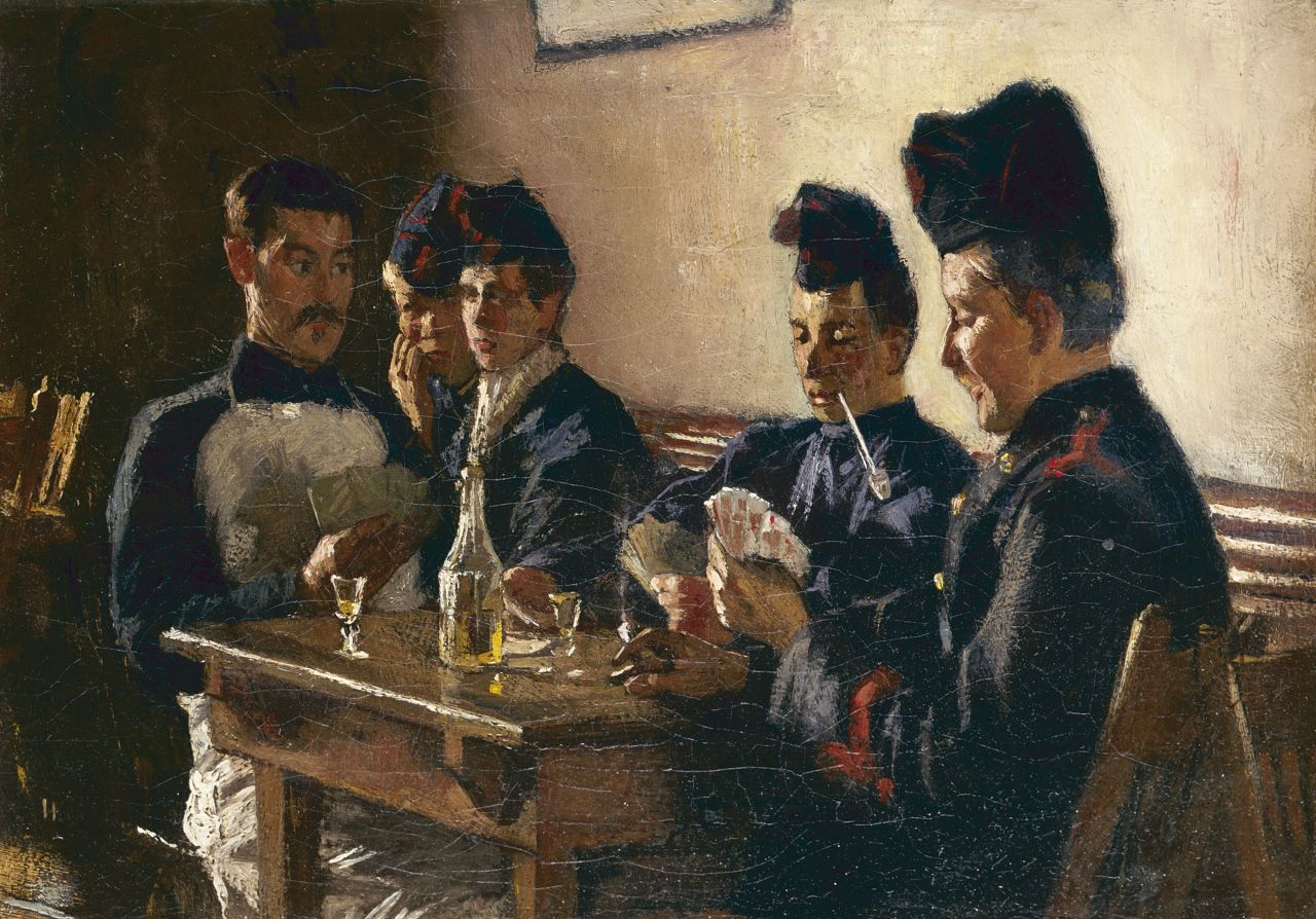 Krabbé H.M.  | Heinrich Martin Krabbé, In de kantine, olieverf op doek 24,5 x 34,3 cm, gesigneerd linksondervaag