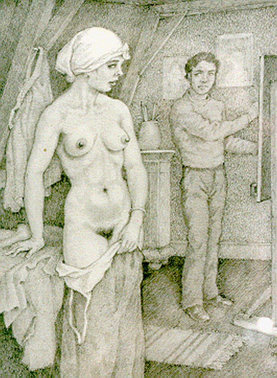 Ru H.B.W. de | Huibert Bernardus Wilhelmus 'Huib' de Ru, Het schildersmodel, potlood op papier 20,6 x 15,5 cm, gesigneerd rechtsonder Ru H.B.W. de | Huibert Bernardus Wilhelmus 'Huib' de Ru, Het schildersmodel, potlood op papier 20,6 x 15,5 cm, gesigneerd rechtsonder