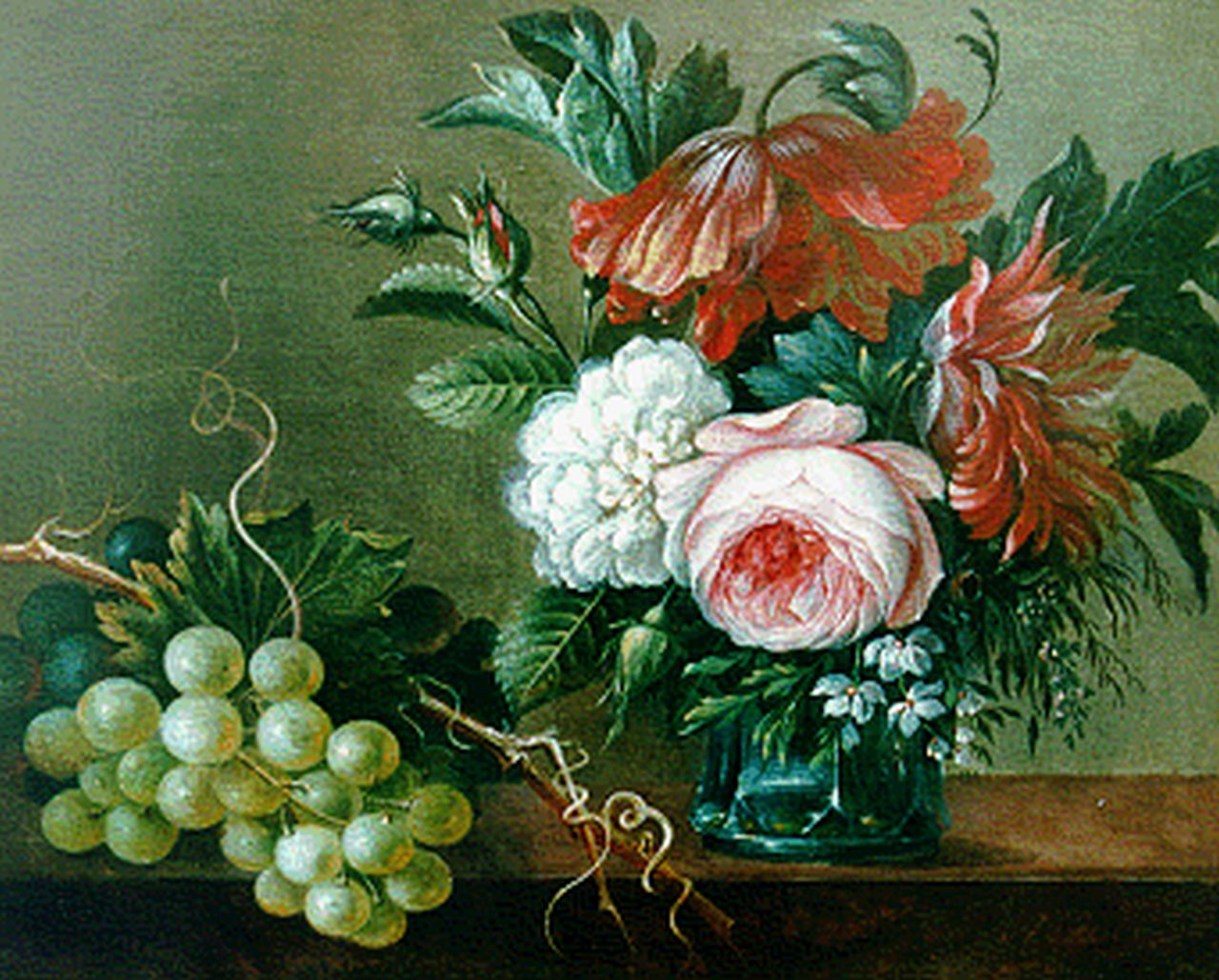 Apol A. | Adrianus Apol, Stilleven van bloemen en druiven, olieverf op paneel 22,9 x 28,3 cm, gesigneerd rechtsonder en gedateerd 1845 Apol A. | Adrianus Apol, Stilleven van bloemen en druiven, olieverf op paneel 22,9 x 28,3 cm, gesigneerd rechtsonder en gedateerd 1845