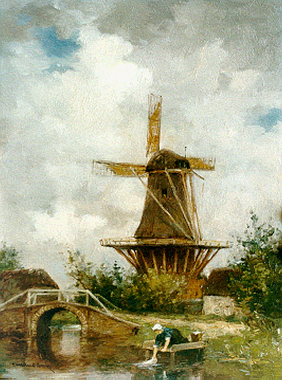 Artz C.D.L.  | 'Constant' David Ludovic Artz, Molenlandschap met wassende vrouw bij een rivier, olieverf op paneel 24,2 x 18,1 cm, gesigneerd linksonder