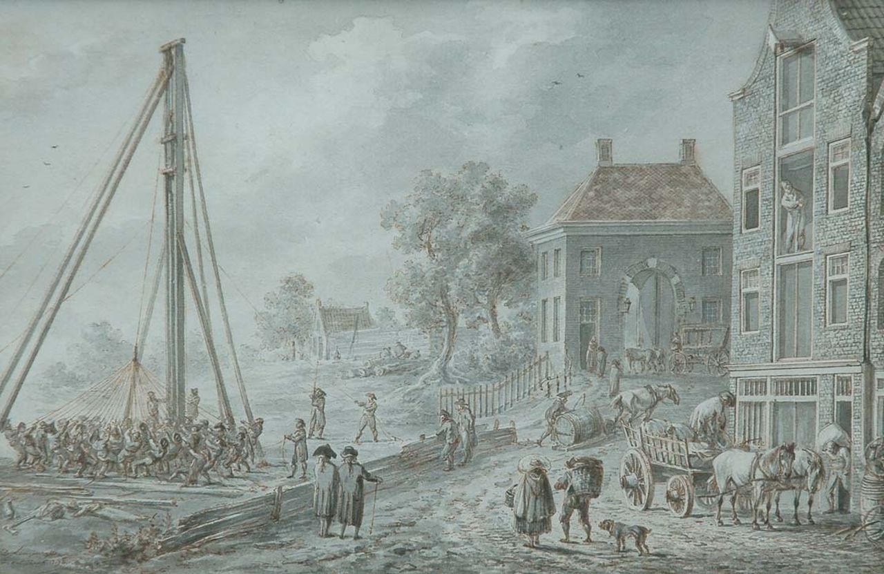 Langendijk D. | Dirk Langendijk, Heiwerkzaamheden nabij een stad, gewassen inkt op papier 13,4 x 20,0 cm, gesigneerd linksonder en gedateerd 15 juni 1798 Langendijk D. | Dirk Langendijk, Heiwerkzaamheden nabij een stad, gewassen inkt op papier 13,4 x 20,0 cm, gesigneerd linksonder en gedateerd 15 juni 1798