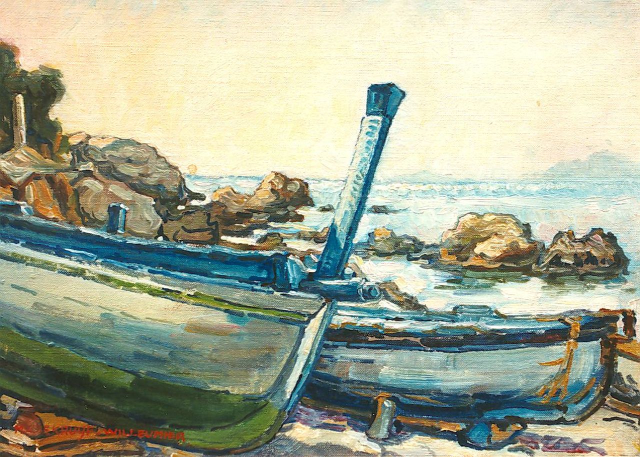 Kruijff-Willemier M.A. | Maria Augusta Kruijff-Willemier, Bootjes op een rotsachtige kust, olieverf op doek 23,0 x 33,0 cm, gesigneerd linksonder Kruijff-Willemier M.A. | Maria Augusta Kruijff-Willemier, Bootjes op een rotsachtige kust, olieverf op doek 23,0 x 33,0 cm, gesigneerd linksonder