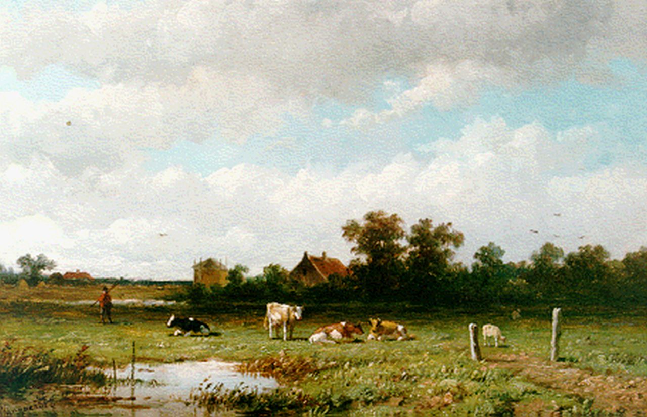 Wijngaerdt A.J. van | Anthonie Jacobus van Wijngaerdt, Vee in weidelandschap, olieverf op paneel 23,1 x 36,1 cm, gesigneerd linksonder Wijngaerdt A.J. van | Anthonie Jacobus van Wijngaerdt, Vee in weidelandschap, olieverf op paneel 23,1 x 36,1 cm, gesigneerd linksonder