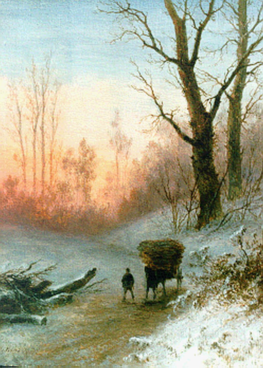Hans J.G. | Josephus Gerardus Hans, Boerenkar in een winters boslandschap, olieverf op paneel 22,6 x 17,2 cm Hans J.G. | Josephus Gerardus Hans, Boerenkar in een winters boslandschap, olieverf op paneel 22,6 x 17,2 cm