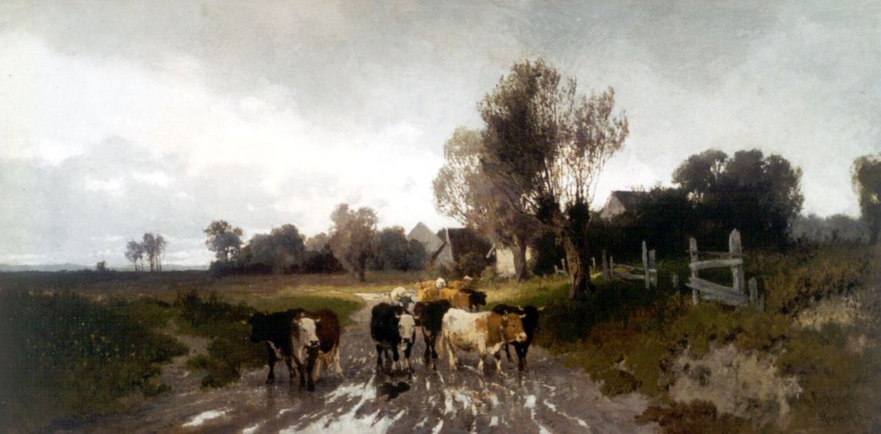 Baisch H. | Hermann Baisch, Koeien op een polderweg, olieverf op doek 39,3 x 78,9 cm, gesigneerd rechtsonder en te dateren 1869-1881 Baisch H. | Hermann Baisch, Koeien op een polderweg, olieverf op doek 39,3 x 78,9 cm, gesigneerd rechtsonder en te dateren 1869-1881