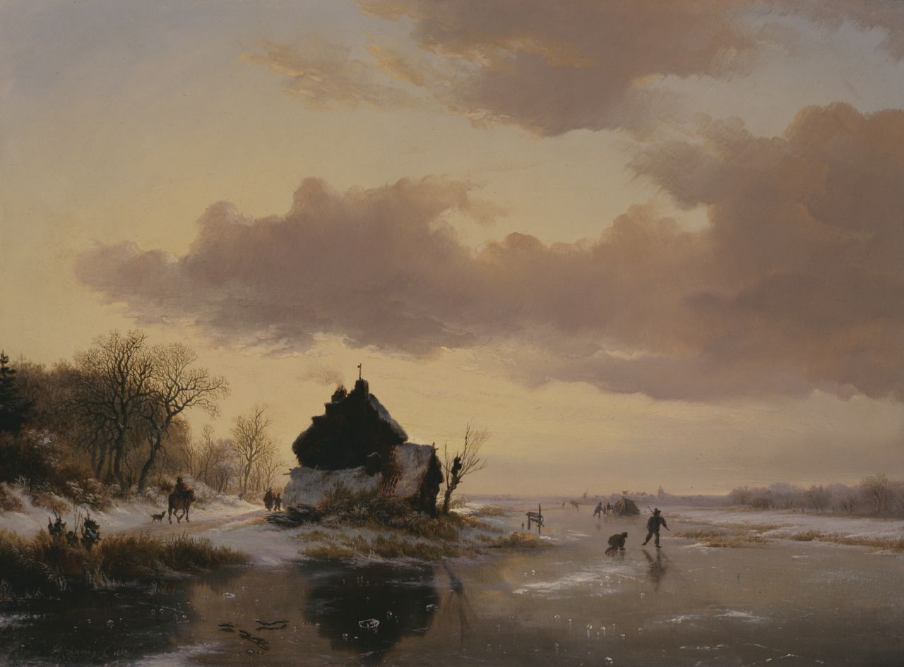 Kruseman F.M. | Frederik Marinus Kruseman, IJsgezicht bij zonsondergang, olieverf op paneel 39,3 x 52,8 cm, gesigneerd linksonder en gedateerd 1842 Kruseman F.M. | Frederik Marinus Kruseman, IJsgezicht bij zonsondergang, olieverf op paneel 39,3 x 52,8 cm, gesigneerd linksonder en gedateerd 1842