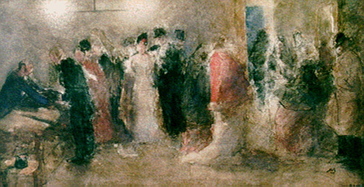 Bauer M.A.J. | 'Marius' Alexander Jacques Bauer, De vestiaire van de Haagse Stadsschouwburg, aquarel op papier 24,3 x 43,8 cm, gesigneerd ro + monogram en gedateerd 1886 Bauer M.A.J. | 'Marius' Alexander Jacques Bauer, De vestiaire van de Haagse Stadsschouwburg, aquarel op papier 24,3 x 43,8 cm, gesigneerd ro + monogram en gedateerd 1886