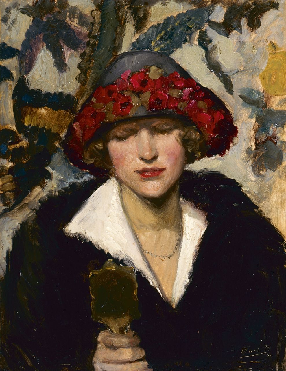 Peizel B. | Bartele 'Bart' Peizel, Jonge vrouw met handspiegel, olieverf op paneel 27,1 x 21,0 cm, gesigneerd rechtsonder en gedateerd '27 Peizel B. | Bartele 'Bart' Peizel, Jonge vrouw met handspiegel, olieverf op paneel 27,1 x 21,0 cm, gesigneerd rechtsonder en gedateerd '27