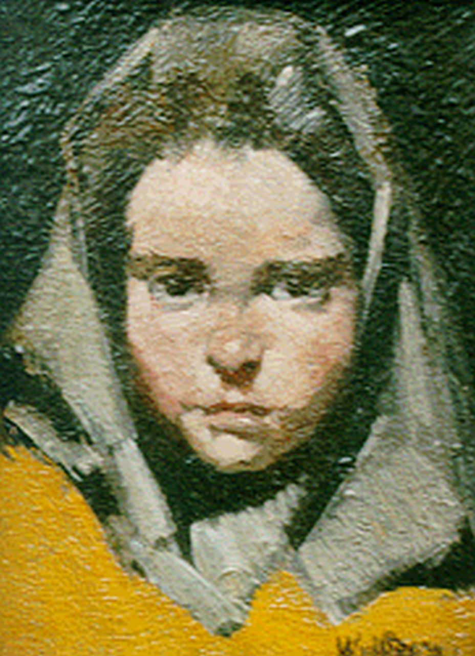 Berg W.H. van den | 'Willem' Hendrik van den Berg, Meisje met hoofddoek, 12,0 x 8,9 cm, gesigneerd rechtsonder Berg W.H. van den | 'Willem' Hendrik van den Berg, Meisje met hoofddoek, 12,0 x 8,9 cm, gesigneerd rechtsonder