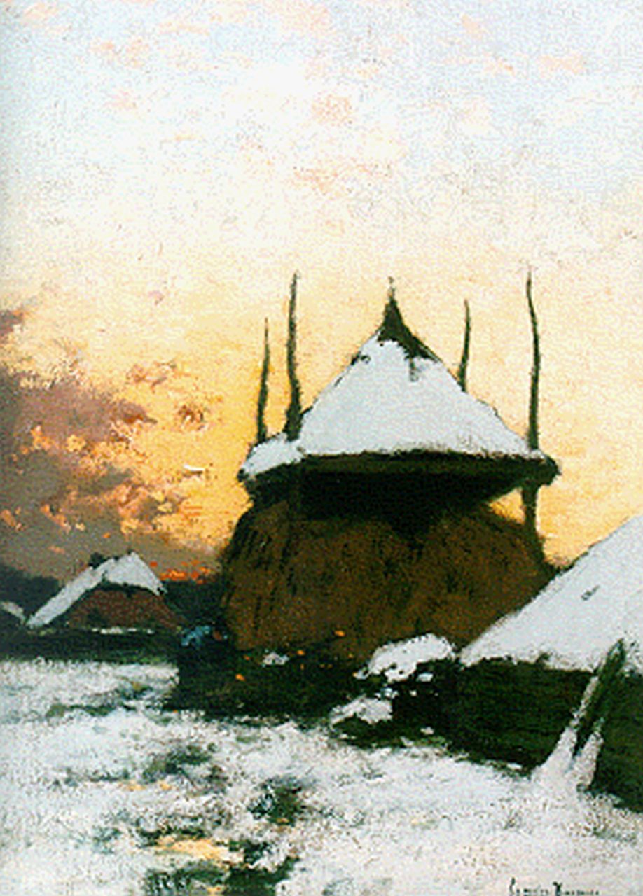 Kuijpers C.  | Cornelis Kuijpers, Winters gezicht op boerderij met hooimijt, olieverf op doek 42,5 x 31,5 cm, gesigneerd rechtsonder