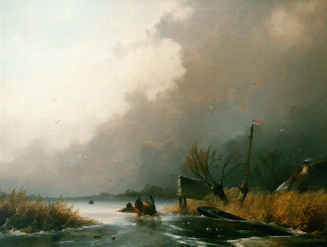 Hoppenbrouwers J.F. | Johannes Franciscus Hoppenbrouwers, Winters rivierlandschap met schaatsers, olieverf op paneel 54,5 x 72,7 cm, gesigneerd linksonder en gedateerd '52 Hoppenbrouwers J.F. | Johannes Franciscus Hoppenbrouwers, Winters rivierlandschap met schaatsers, olieverf op paneel 54,5 x 72,7 cm, gesigneerd linksonder en gedateerd '52