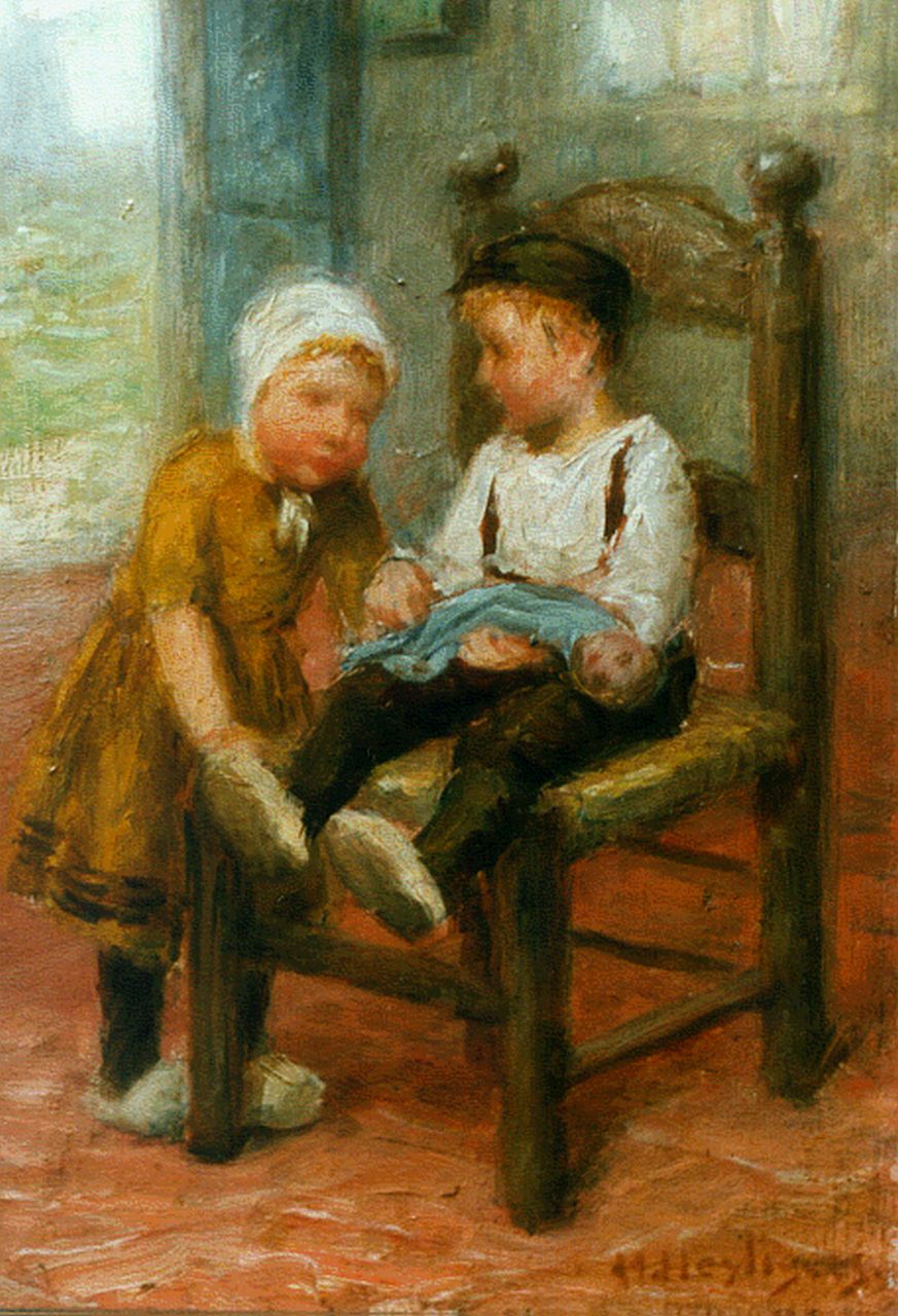 Heijligers H. | Hendrik 'Henri' Heijligers, Kinderen met pop, olieverf op paneel 18,0 x 13,2 cm, gesigneerd rechtsonder Heijligers H. | Hendrik 'Henri' Heijligers, Kinderen met pop, olieverf op paneel 18,0 x 13,2 cm, gesigneerd rechtsonder