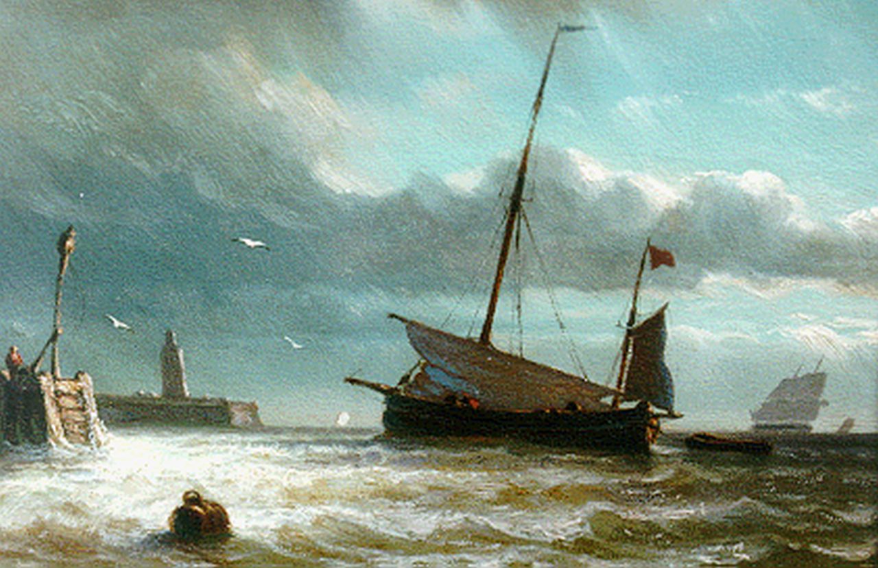 Hoffmann G.J. | Georges Johannes Hoffmann, Vissersschip voor havenmond, olieverf op paneel 12,9 x 18,6 cm Hoffmann G.J. | Georges Johannes Hoffmann, Vissersschip voor havenmond, olieverf op paneel 12,9 x 18,6 cm