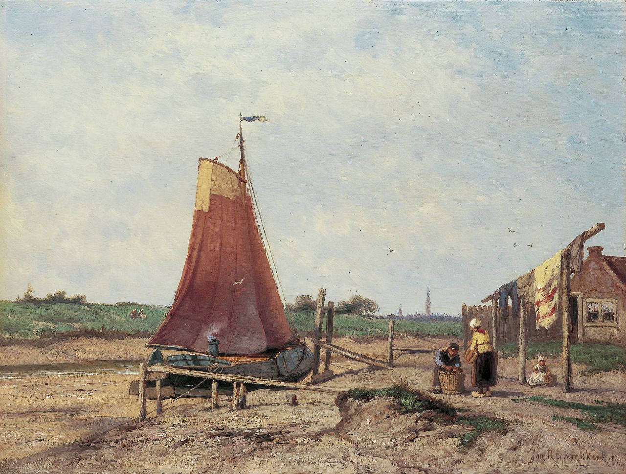 Koekkoek J.H.B. | Johannes Hermanus Barend 'Jan H.B.' Koekkoek, Platbodem op drooggevallen water bij Veere, olieverf op paneel 32,2 x 42,4 cm, gesigneerd rechtsonder Koekkoek J.H.B. | Johannes Hermanus Barend 'Jan H.B.' Koekkoek, Platbodem op drooggevallen water bij Veere, olieverf op paneel 32,2 x 42,4 cm, gesigneerd rechtsonder