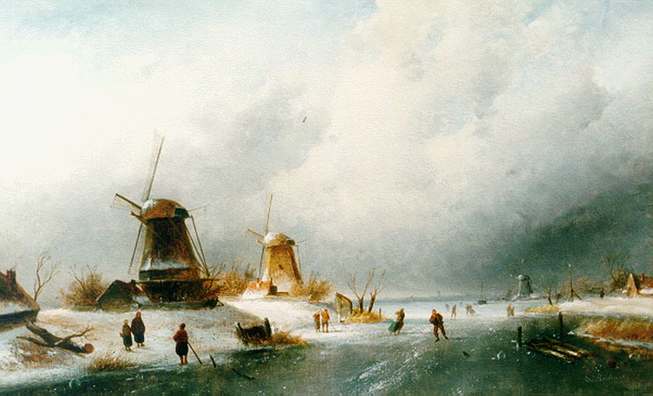 Leickert C.H.J. | 'Charles' Henri Joseph Leickert, Winterlandschap met molens, olieverf op doek 61,0 x 99,5 cm, gesigneerd rechtsonder Leickert C.H.J. | 'Charles' Henri Joseph Leickert, Winterlandschap met molens, olieverf op doek 61,0 x 99,5 cm, gesigneerd rechtsonder