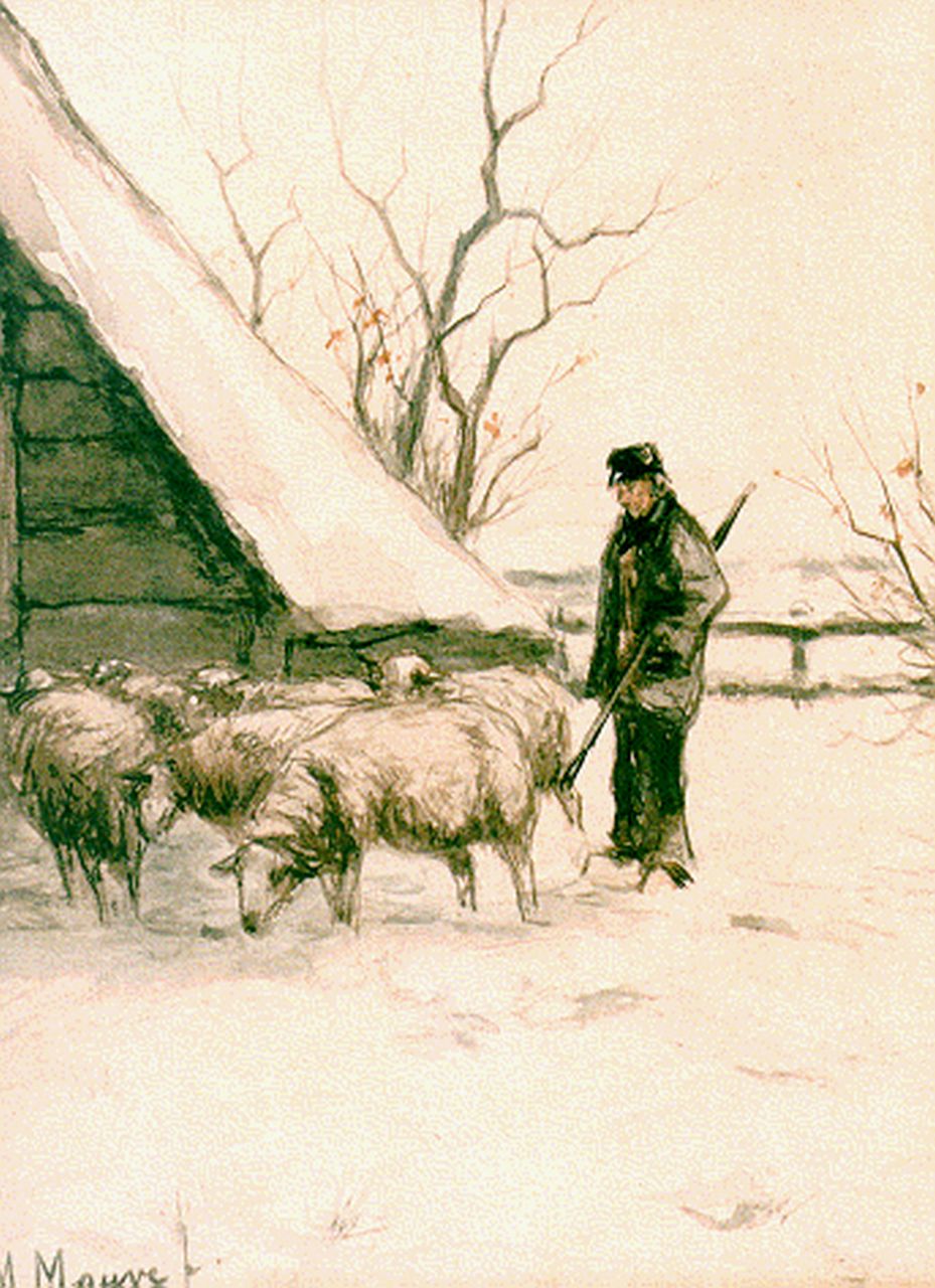 Mauve A. | Anthonij 'Anton' Mauve, Herder bij een schaapskooi, aquarel op papier 18,0 x 23,3 cm, gesigneerd linksonder Mauve A. | Anthonij 'Anton' Mauve, Herder bij een schaapskooi, aquarel op papier 18,0 x 23,3 cm, gesigneerd linksonder