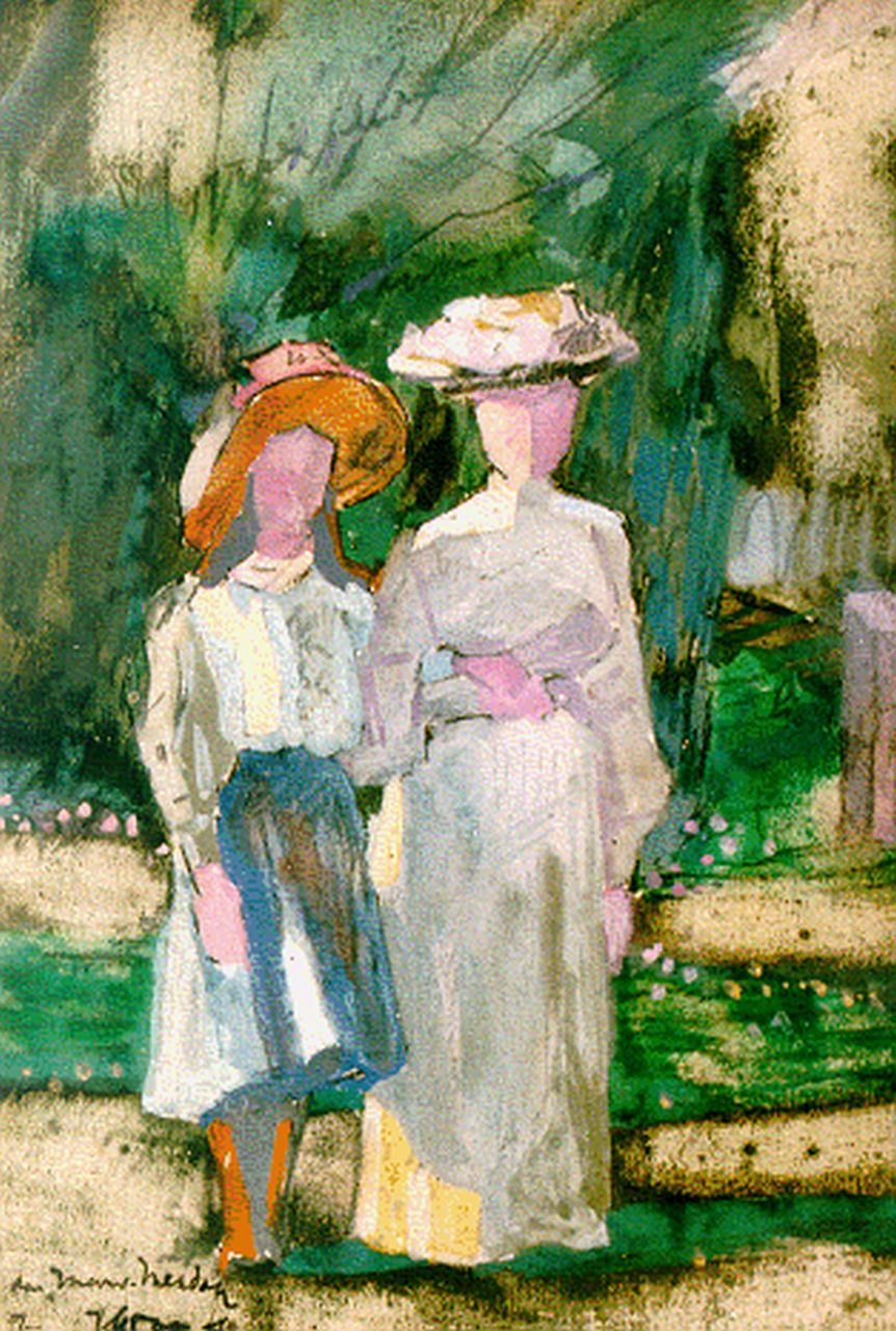 Toorop J.Th. | Johannes Theodorus 'Jan' Toorop, Wandelen in De Manteling bij Domburg, aquarel op papier 15,5 x 11,5 cm, gesigneerd linksonder en gedateerd 1904 Toorop J.Th. | Johannes Theodorus 'Jan' Toorop, Wandelen in De Manteling bij Domburg, aquarel op papier 15,5 x 11,5 cm, gesigneerd linksonder en gedateerd 1904